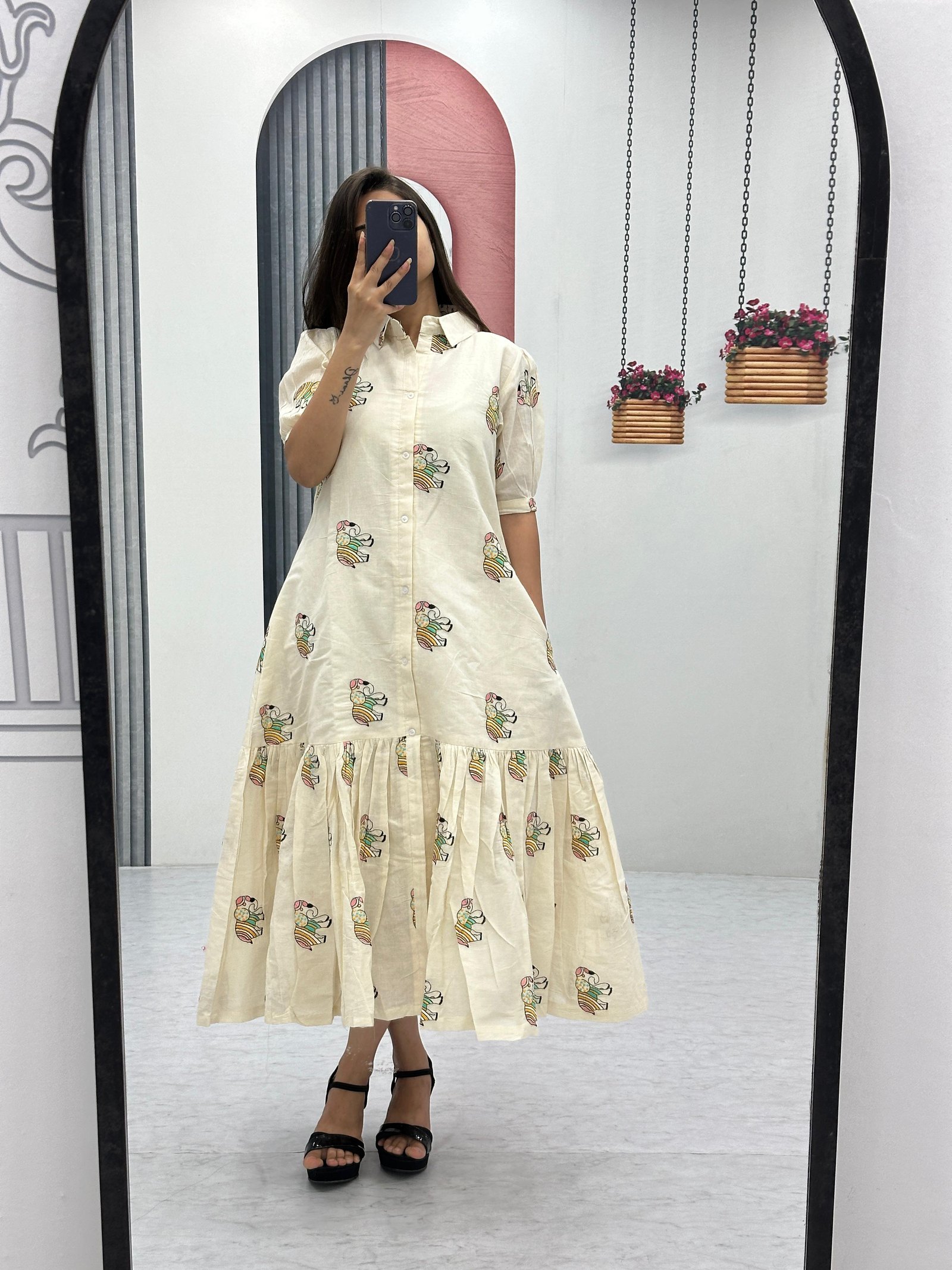 Cream Cotton Dress with Colorful Elephant Print – Casual & Boho Chic Style